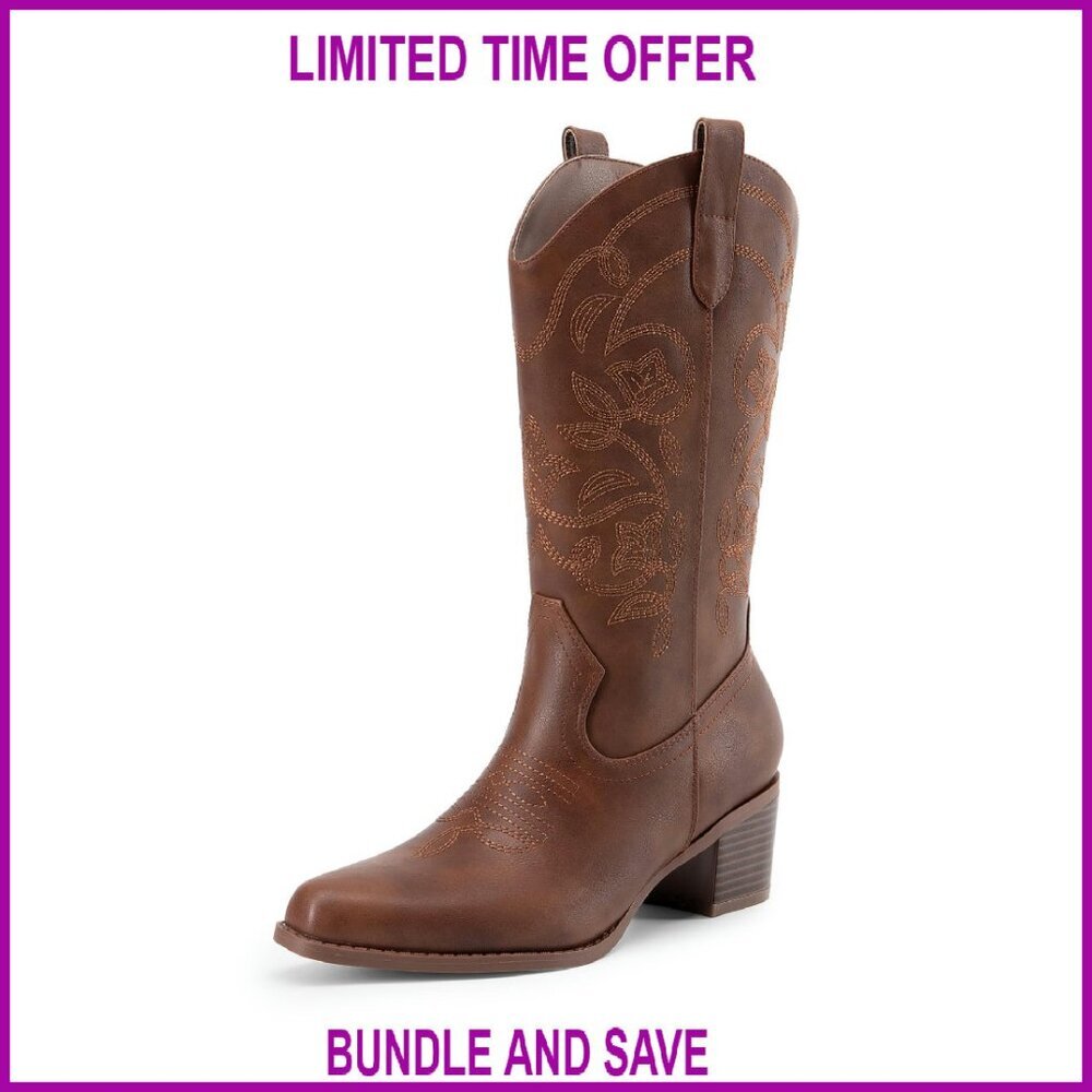 Women's Western Cowboy Boots Chunky Heel Embroidery Mid Calf